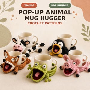 Peut inclure: Un ensemble de 20 modèles de crochet PDF pour des chauffe-tasses en forme d'animaux. L'image présente cinq figurines d'animaux au crochet, dont une vache, un pingouin, un renard, une grenouille et un cochon, entourant chacune une tasse blanche.