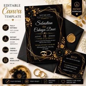 May include: An editable wedding invitation template featuring a black background with gold geometric lines, black and gold floral accents, and two gold wedding rings. The text includes names Sebastian and Cahaya Dewi, date August 11, and RSVP details.