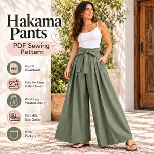 Può includere: Pantaloni ampi plissettati color verde oliva con cintura alta da annodare e tasche laterali. L'immagine include il testo: Hakama Pants, PDF Sewing Pattern, Digital Download, Step by Step Instructions, Wide Leg Pleated Design, XS-4XL Size Guide, With Pockets.
