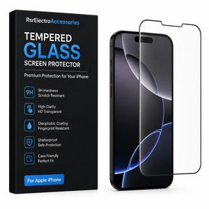 May include: A black box labeled RsrElectroAccessories Tempered Glass Screen Protector for Apple iPhone, featuring icons for 9H hardness, high clarity, oleophobic coating, shatterproof design, and case compatibility, next to a clear glass screen protector.