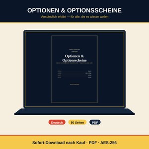 May include: A digital document titled Optionen & Optionsscheine displayed on a screen. The cover features the text Finance Guidelines, Leitfaden, and details including 2020, 1. Auflage, AES-256, and 50 Seiten. Below are buttons for Deutsch, 50 Seiten, and PDF.