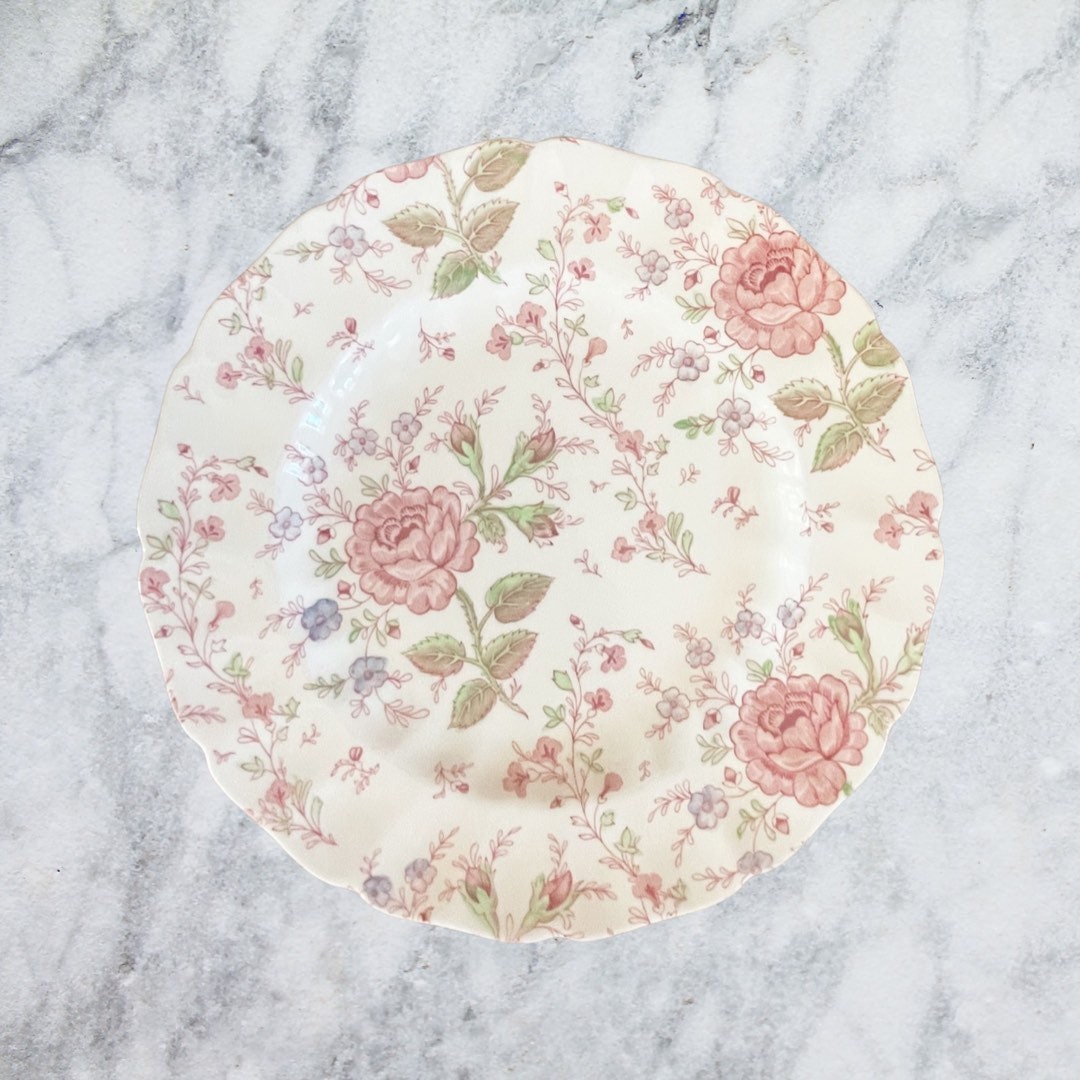 Pair Vintage Rose Chintz Dinner Plates Etsy