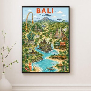 以下が含まれることがあります： 「BALI Travel Map」という文字が入ったバリ島の旅行地図ポスター。火山、棚田、寺院、ビーチ、サーフボード、ボートが描かれた緑豊かな風景のイラストで、各地のランドマークがラベル付けされています。
