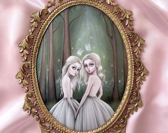 Into The Woods Magical Forest - Framed Vintage Silk Print Lowbrow Art, Mysterious nymphs