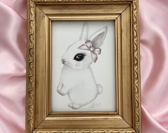 Original Drawing 'Babydoll Bunny' Coquette Room Decor, Vintage Easter, Nursery Decor, Vintage Bunny Art