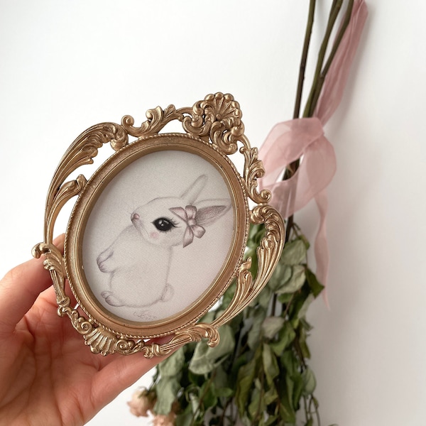 Dollhouse Miniature, Coquette, Vintage Bunny 'Babydoll Bunny'  vintage miniature frame, bunny art print