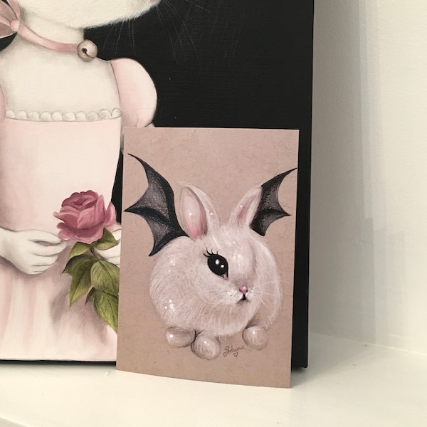 Halloween kunst, Bat Bunny, gotische kunst, horror, griezelig, donkere kunst, low brow - MINI PRINT Pop Surrealisme Lowbrow Art Print By Autumn