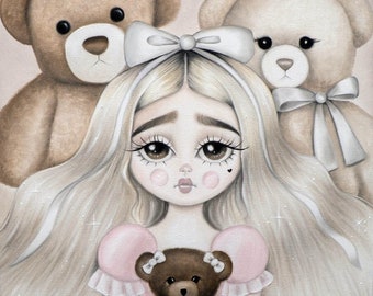 Cottagecore, Fairytale Art, Teddy Bear Print 'Goldilocks and the Three Bears', Low Brow, Pop surrealism, Big Eye Art, LIMITED EDITION PRINT