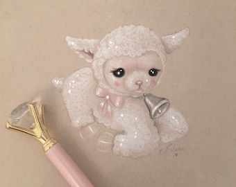 Springtime Cottagecore 'Little Lamb' Farmcore Wall Decor, Pink Bow, Coquette, Soft Girl, Dollette, Vintage Easter Art Print - By Autumn