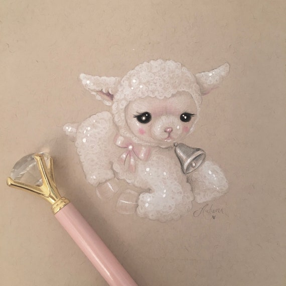 Springtime Cottagecore 'Little Lamb' Farmcore Wall Decor, Pink Bow, Coquette, Soft Girl, Dollette, Vintage Easter Art Print - By Autumn