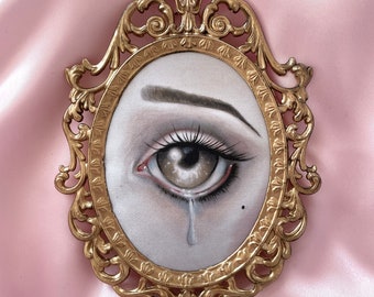 Miniature Vintage Victorian Mourning Eye, Lovers Eye &#39;The Crying Eye&#39; Framed Vintage Silk Print