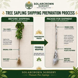 K&ouml;nnte beinhalten: Eine Infografik mit dem Titel SolarCrown Nursery Tree Sapling Shipping Preparation Process. Sie zeigt links einen Baumsetzling mit vollen Bl&auml;ttern und nackten Wurzeln und rechts einen beschnittenen, in Plastikfolie eingewickelten Setzling.