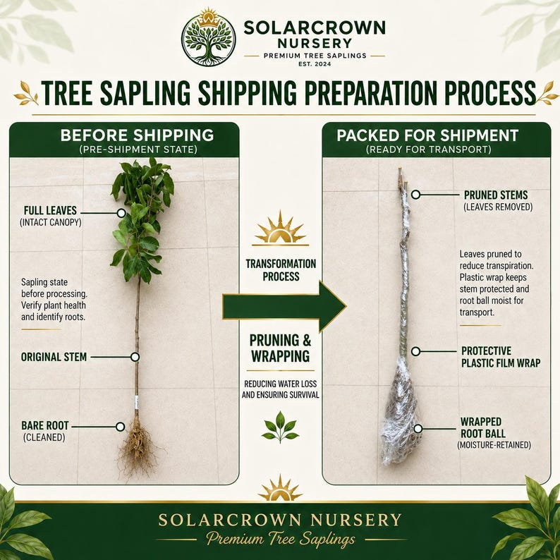K&ouml;nnte beinhalten: Eine Infografik mit dem Titel SolarCrown Nursery Tree Sapling Shipping Preparation Process. Sie zeigt links einen Baumsetzling mit vollen Bl&auml;ttern und nackten Wurzeln und rechts einen beschnittenen, in Plastikfolie eingewickelten Setzling.