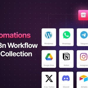 May include: A digital graphic featuring the text 8000+ Automations Ultimate n8n Workflow Templates Collection. A grid of white square icons displays various software logos including WordPress, WhatsApp, Telegram, Slack, OpenAI, Google Drive, Notion, Instagram, Gmail, Google Sheets, X, Discord, Airtable, TikTok, and PDF.