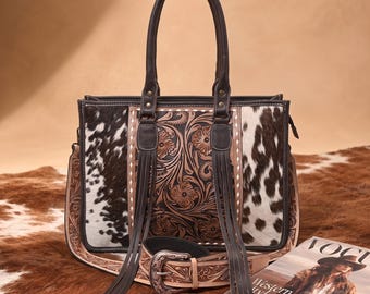Handcrafted Cowhide Hair On Hide Leather Tote Bag, Western Genuine Leather Handbag for Women
