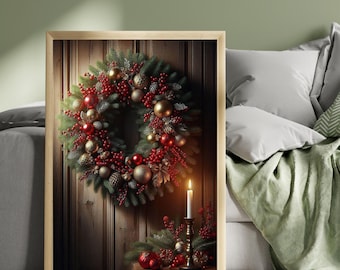 Traditional Christmas Wreath Wall Art Print, Rustic Christmas Decor, Red Berry Wreath, Festive Doorway Artwork, Country Christmas Print