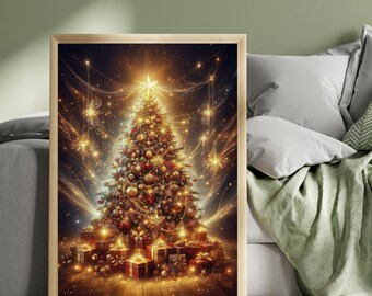 Magical Christmas Tree Print, Gold Christmas Wall Art, Enchanted Tree Poster, Christmas Lights & Baubles, Holiday Decor