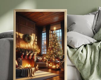 Christmas Cabin Wall Art Print, Cosy Fireplace & Christmas Tree, Snowy Winter Cabin Decor, Rustic Christmas Living Room Artwork