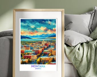 Montana America Reiseplakat, lebhaftes Stadtbild Wandkunstdruck