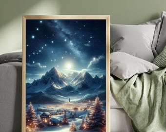 Christmas Mountain Night Print, Snowy Mountain Landscape, Moonlit Christmas Village, Winter Wall Art, Cosy Holiday Decor