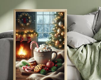 Cosy Christmas Hot Chocolate Wall Art, Fireplace Print, Marshmallow Winter Decor, Festive Home Artwork