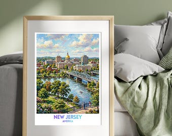 New Jersey, Amerika Reiseplakat, lebhaftes Stadtbild Wandkunst Druck