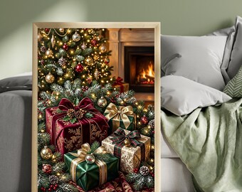 Christmas Gift Wonderland Print, Elegant Christmas Gift Wall Art, Festive Fireplace Decor, Luxury Holiday Art, Cosy Christmas Home Poster