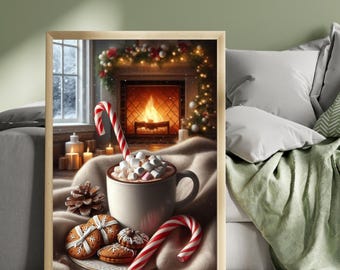 Cosy Christmas Hot Chocolate Wall Art | Snowy Fireplace & Candlelight