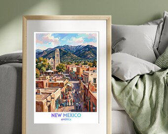 New Mexico, Amerika Reiseplakat, lebendiges Stadtbild Wandkunst
