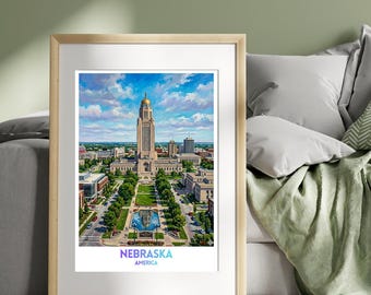Nebraska Amerika Reiseplakat, lebendiges Stadtbild, Wandkunst