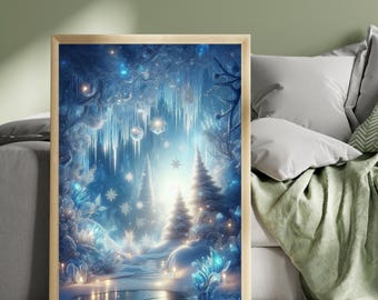 Decoración de pared navideña mágica con cristales de hielo, lámina de paisaje invernal, decoración navideña azul y blanca, obra de arte navideña nevada