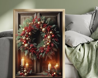 Christmas Wreath Print, Red & Gold Holiday Wall Art, Traditional Christmas Decor, Festive Wreath Poster, Candlelit Home