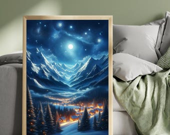 Christmas Valley Moonlight Print, Snowy Mountain Village, Moonlit Winter Landscape, Cosy Christmas Wall Art, Holiday Decor
