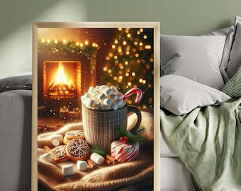 Cosy Christmas Hot Chocolate Wall Art, Marshmallow Print, Fireplace Decor, Winter Christmas Home Artwork
