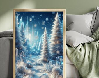 Winter Wonderland Christmas Wall Art, Ice Crystal Forest Print, Magical Christmas Tree, Blue Winter Fantasy Decor