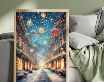 Christmas Lights Wonderland Print, Snowy Christmas Street, Red White Bauble Lights, Festive Village Wall Art, Winter Decor