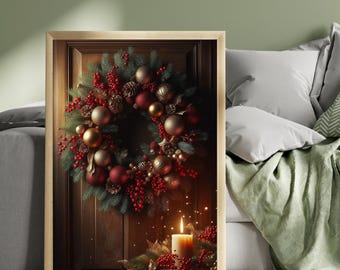 Christmas Wreath Print, Rustic Holiday Wall Art, Red & Gold Christmas Decor, Festive Wreath Poster, Candlelit Home