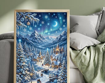 Ice Crystal Village Wall Art, Winter Fantasy Print, Moonlit Mountain Village, Aurora Borealis Christmas Decor