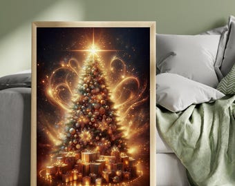 Magical Christmas Tree Print, Christmas Lights Wall Art, Enchanted Christmas Poster, Festive Tree Decor, Holiday Home Art