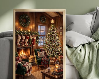 Cosy Christmas Cabin Wall Art, Fireplace & Stockings Print, Snowy Winter Scene, Christmas Tree Decor, Rustic Woodland Christmas Artwork