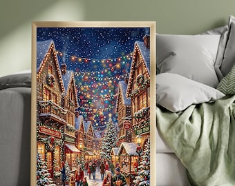 Christmas Lights Festival Print, Magical Winter Street Scene, Christmas Wall Art, Festive Village Decor, Snowy Christmas Poster