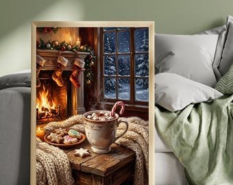Cosy Christmas Hot Chocolate Wall Art, Marshmallow Mug Print, Snowy Fireplace Artwork, Rustic Christmas Decor, Winter Cabin Print
