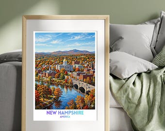 New Hampshire, Amerika Reiseplakat, lebendiges Stadtbild Wandkunst Druck