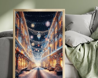 Christmas Lights Village Print, Snowy Christmas Street Art, Festive Shopfronts, Glowing Baubles, Winter Wonderland Wall Decor