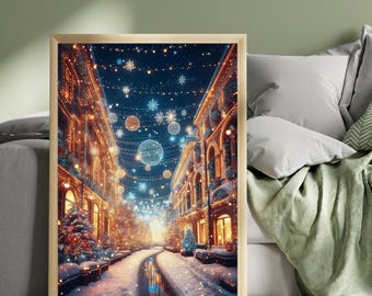Christmas Lights Festival Print, Snowy Christmas Street, Festive Lights Wall Art, Winter Village Poster, Cosy Christmas Decor