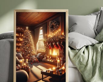 Cosy Christmas Living Room Wall Art, Christmas Tree Print, Rustic Fireplace Decor, Candlelight Winter Artwork, Festive Home Decor