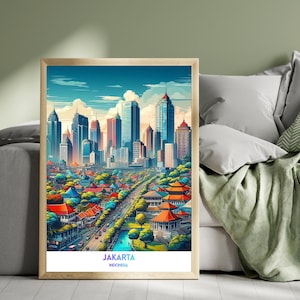 May include: A framed vertical art print featuring a vibrant cityscape of Jakarta, Indonesia. The illustration displays modern skyscrapers rising above traditional red-roofed buildings, lush green trees, and a busy road, with the text JAKARTA INDONESIA.