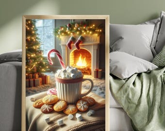 Hot Chocolate Christmas Wall Art, Marshmallow & Candy Cane Print, Modern Fireplace Decor, Cosy Christmas Tree Artwork, Winter Home