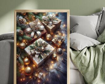Elegant Christmas Gift Wonderland Print, Luxury Presents, Gold Christmas Decor, Festive Gift Boxes, Winter Holiday Wall Art