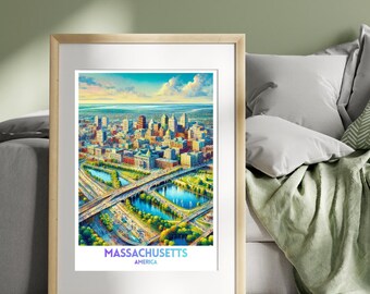 Massachusetts Amerika Reiseplakat, lebendiges Stadtbild Wandkunst